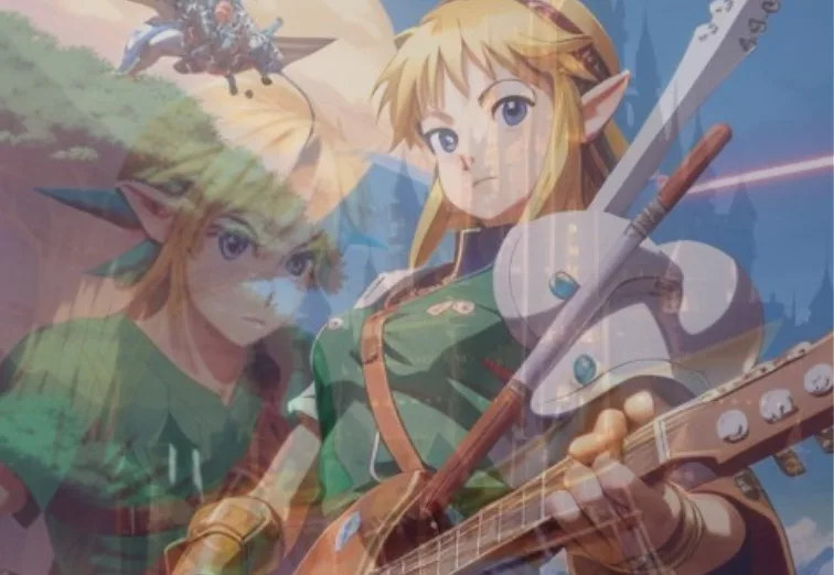 Play Zelda Songs on Guitar - image generated with AI - Zelda on Guitar and Link on the Drums