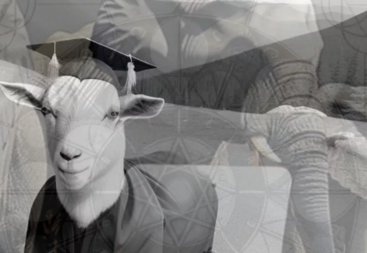 Goat in a scholar cap teaching sacred geometry to elephants on the internet - image created with AI