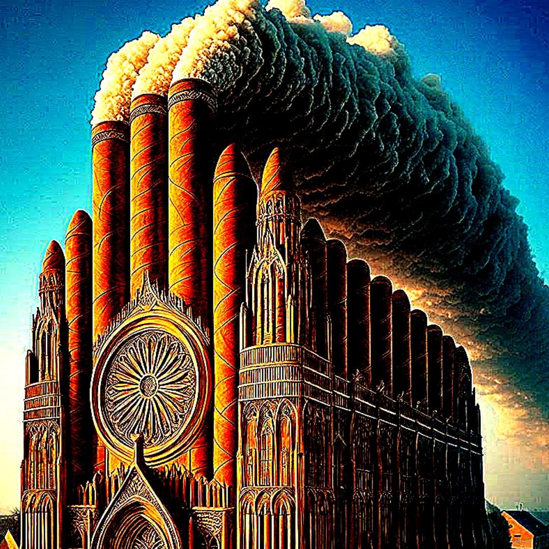 Outpour Magic -Poem by BW Derge - 2 A church with a giant cigar that looks like a smokestack of a factory - image for poem by BW Derge called Outpour/Magic