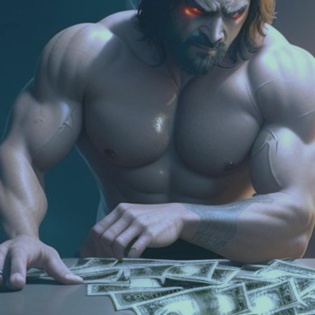 Outpour Magic -Poem by BW Derge - 5 A muscular man with his horns and wings removed, aroused at the smell of money - image for poem by BW Derge, Outpour/Magic