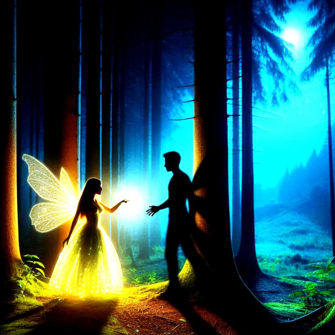 Outpour Magic -Poem by BW Derge - 6 Man meeting fairy in the woods, the magic is real I promise. Image for poem by BW Derge, Outpour/Magic