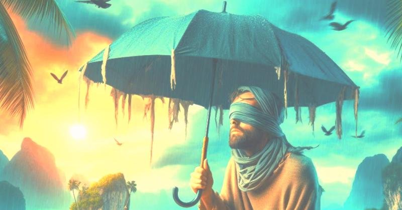 To Take Refuge in Some Mirage - a poem by BW Derge - image of a blindfolded man under an umbrella in paradise