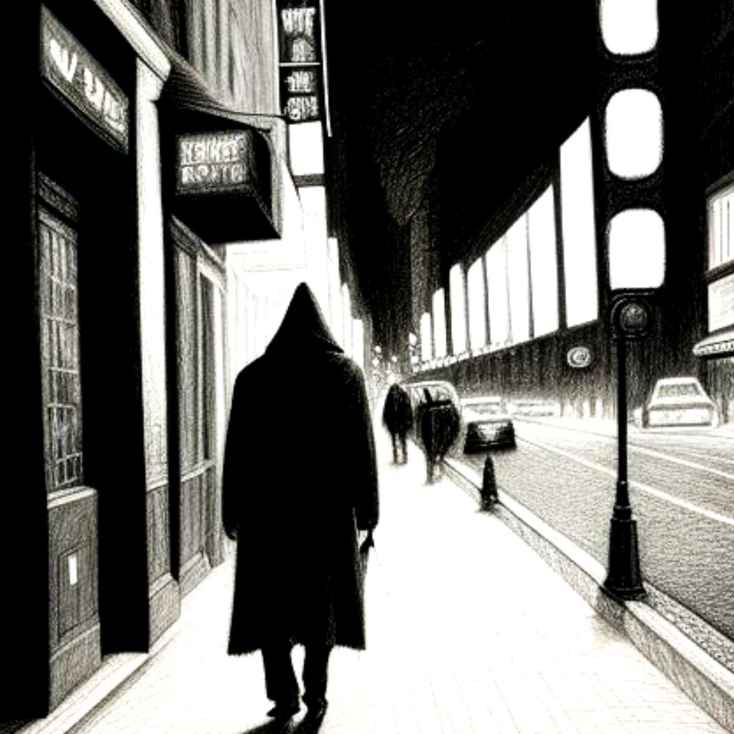 shrouded figure on city streets - scene from Laenif Book 2 Chapter 1