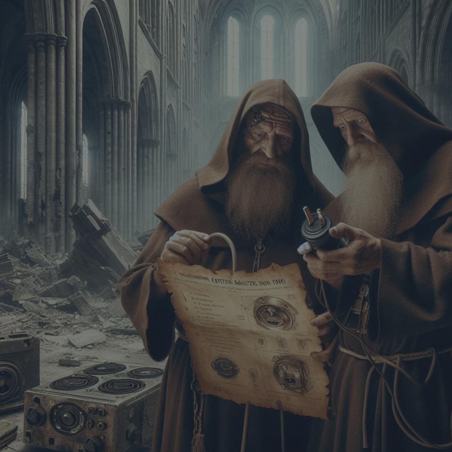 2 monks in the dark ages II trying to figure out electricity