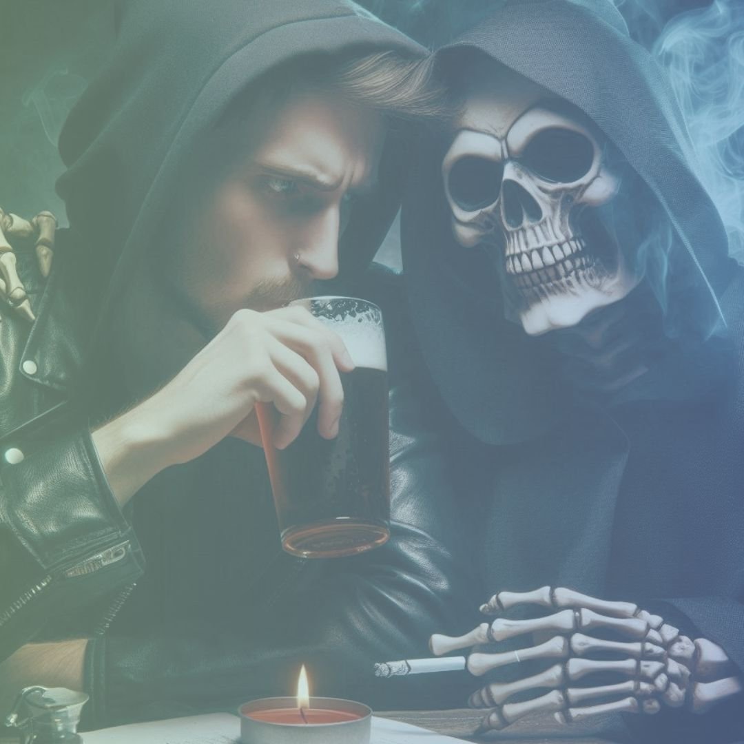 Shot of Whiskey Poem - Image 1 drinking and smoking with death - image for poetry 2024 by BW Derge