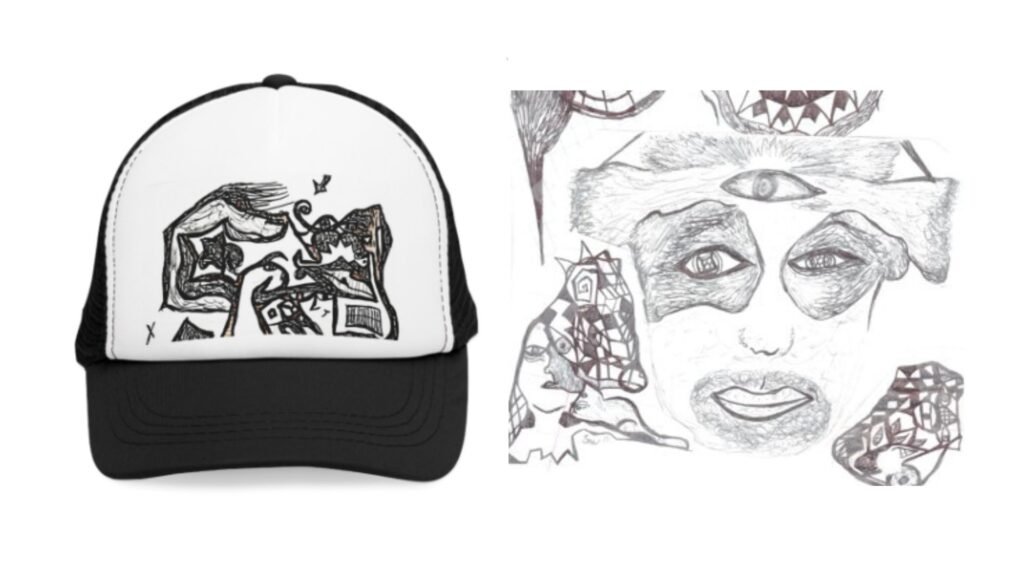 weird abstract doodle hat and an interesting drawing of dude with three eyes